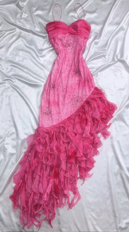 Hot Pink Spaghetti Straps A-Line Ruffles Beaded Vintage Long Party Dresses, HZ0319