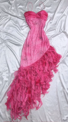 Hot Pink Spaghetti Straps A-Line Ruffles Beaded Vintage Long Party Dresses, HZ0319