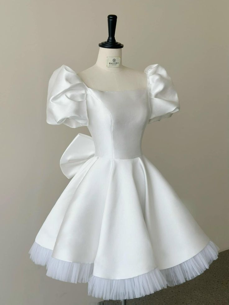 White A-Line Short Sleeves Cute Satin Birthday Dresses Short Party Dresses, HZ0319