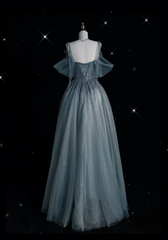 Blue Straps Off Shoulder A-Line Tulle Beaded Long Formal Evening Party Dresses, HZ0319