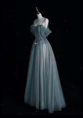 Blue Straps Off Shoulder A-Line Tulle Beaded Long Formal Evening Party Dresses, HZ0319