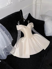 White Off Shoulder A-Line Satin Short Party Dresses Birthday Party Dresses, HZ0319