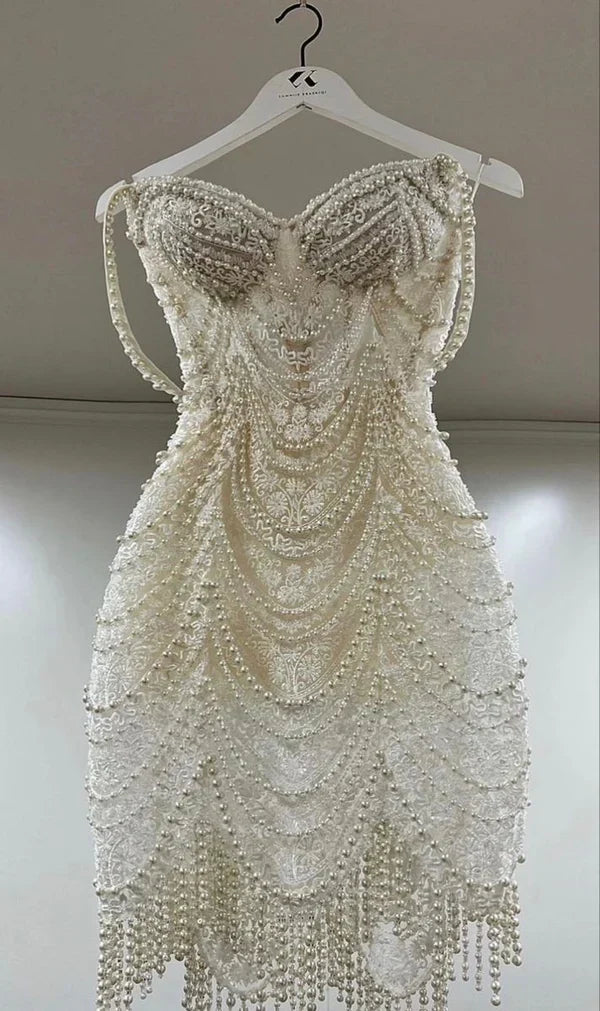 Gorgeous White Straps Sheath Lace Pearls Short Party Dresses Birthday Outfits, HZ0319