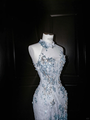 Blue Sleeveless Mermaid Beading Appliques Long Evening Dress Birthday Outfits, HZ0319