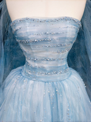 Gorgeous Blue Strapless A-Line Tulle Long Evening Dress Ball Gown Birthday Outfits, HZ0319