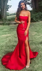 Alluring Prom Dresses Red Mermaid Side Slit Satin Strapless Long