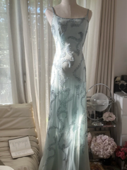 Retro Light Green Sparkling Beaded Spaghetti Strap Design Elegant Chiffon Evening Dress Prom Dress HZ1024