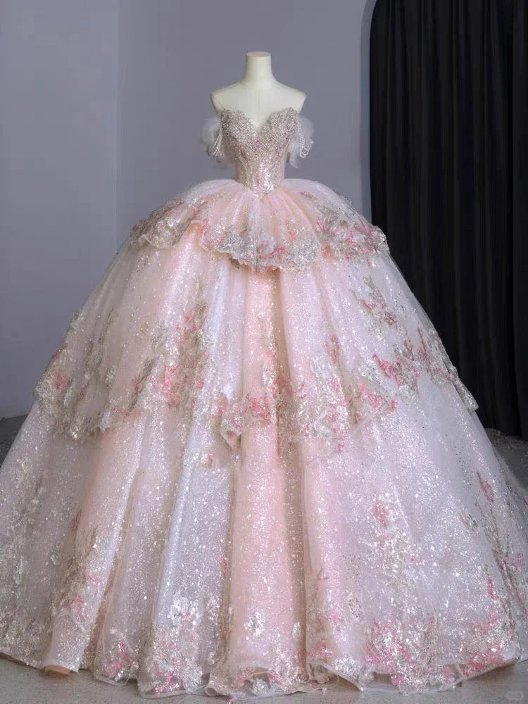 Vintage Pink Glittering Beaded Sweetheart Tulle Sweet 16 Quinceanera A-Line Off-the-shoulder Evening Dress Long Ball Gown HZ1024