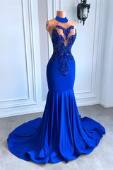 Royal Blue High Neck Mouwloze zeemeermin prom -jurk met kralen