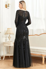 Mermaid Sequins Boat Neck Long Sleeves Mother of the Bride Dress