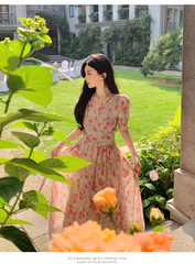 New Fashion Pink Floral Design Short Sleeves V-neck A-Line Women Long Dress HZ1024