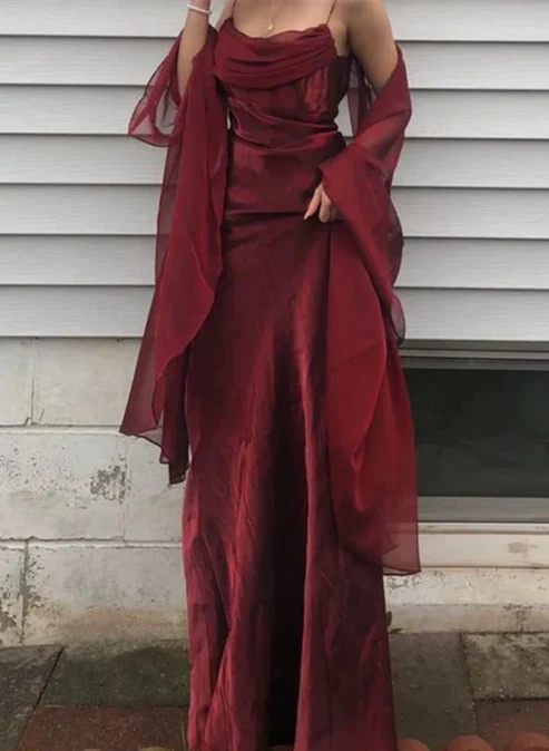 Burgundy Spaghetti Straps Sheath Long Formal Prom Dress Vintage Party Dress, HZ0319
