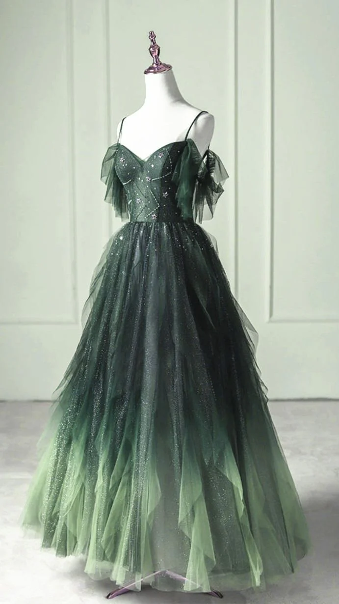 Elegant Green Straps Off Shoulder A-Line Tulle Long Formal Prom Dress, HZ0319
