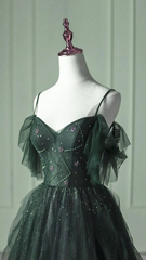Elegant Green Straps Off Shoulder A-Line Tulle Long Formal Prom Dress, HZ0319