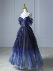 Elegant Green Straps Off Shoulder A-Line Tulle Long Formal Prom Dress, HZ0319