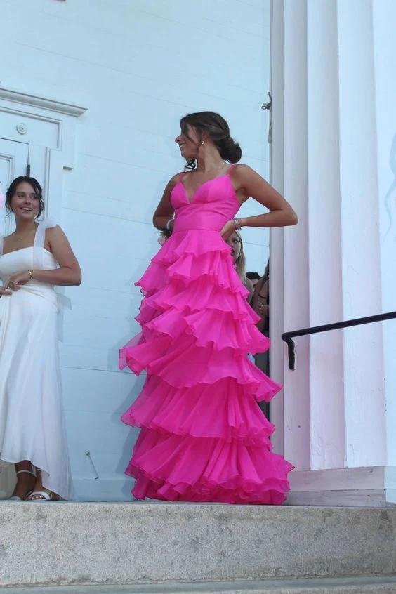 Hot Pink Straps A-Line Chiffon Layers Long Party Dress Formal Prom Dress, HZ0319