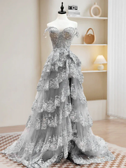 Dark Navy Off Shoulder A-Line Lace Tiered Long Party Dress Formal Prom Dress, HZ0319