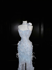 Light Blue Strapless Mermaid Beading Long Evening Dress Birthday Outfits, HZ0319