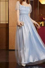 Women's blue sheer card polka dot printed ball elegant formal party prom dress