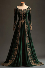 Dark Green Long Sleeves A-Line Velvet Appliques Long Formal Evening Dresses, HZ0319