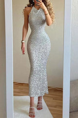 Sexy Party Solid Color Sequin Open Back Hanging Neck Wrap Dress Prom Dress