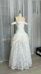White Off Shoulder A-Line Lace Long Party Dress Vintage Wedding Dress HZ0319