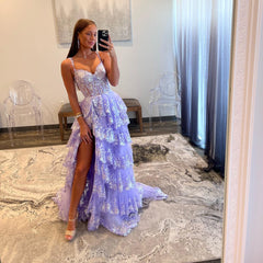 L1067 - Sweet Fully Lace Illusion With Train And Slit Cake Evening Formal Party Prom Dress