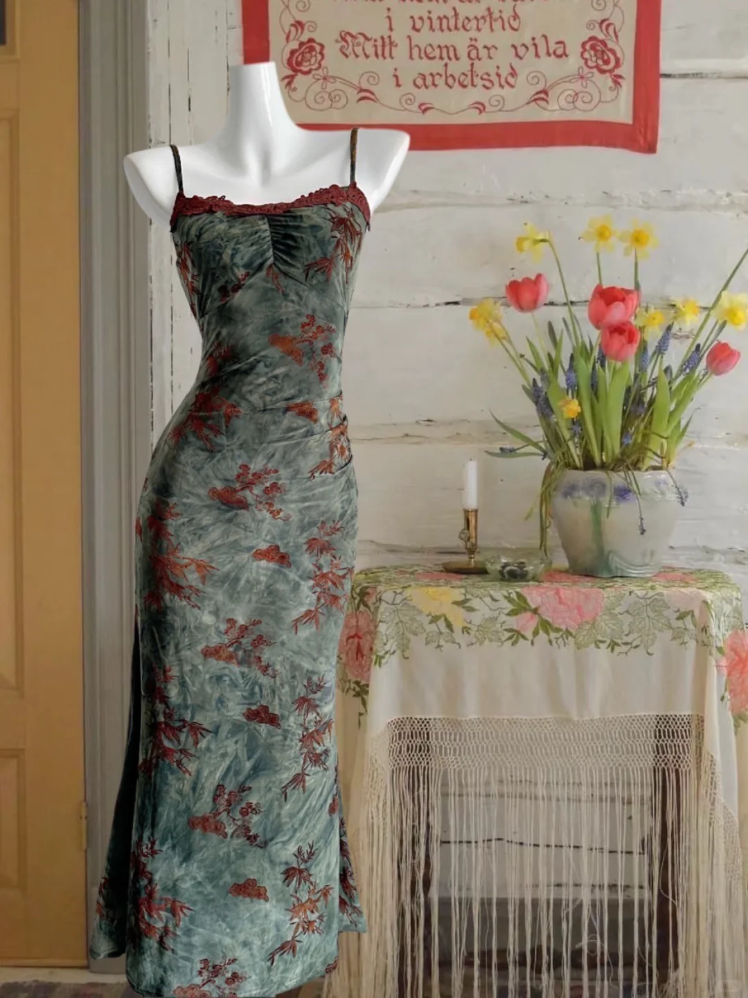 Vintage Embroidery Sheath Prom Floral Applique Evening Gown Spaghetti Strap Party Dress Ankle Length Formal Dress HZ1024