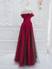 A-Line Off Shoulder Tulle Satin Burgundy Long Prom Dress