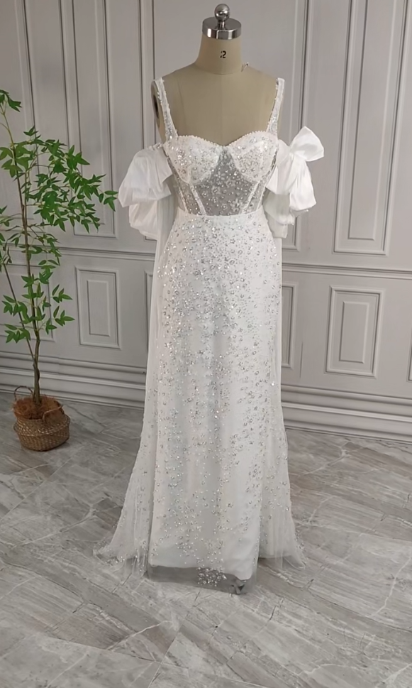 Gorgeous White Glittering Sequin Beaded Sweetheart A-Line Long Prom Dress Party Dress Evening Dress HZ1024