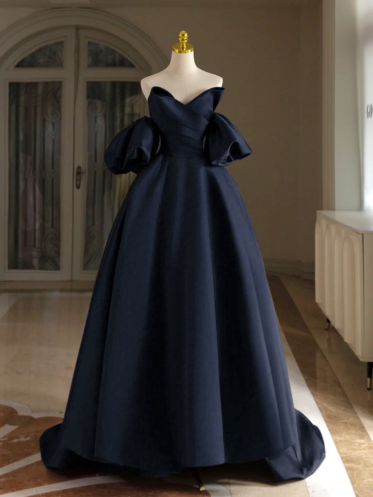 A-Line V Neck Satin Dark Blue Long Prom Dress, Dark Blue Long Formal Dress