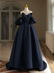 A-Line V Neck Satin Dark Blue Long Prom Dress, Dark Blue Long Formal Dress