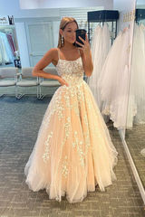 Princess Scoop Neck Lace Appliques A-line Empire-Waist Long Formal Dress