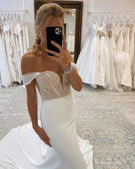 Charming Mermaid Off the Shoulder Satin Long Wedding Dresses with Beading