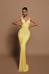 Glamorous Pink Sequin Mermaid Prom Dress Sleeveless with V-Neck