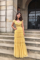 V Neck Ruffles Yellow Tulle Long Prom Dress