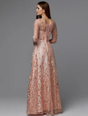 DingjiA-Line Floral Dress Valentine's Day Wedding Guest Floor Length 3/4 Length Sleeve Illusion Neck Bridesmaid Dress Lace with Pattern / Print Appliques