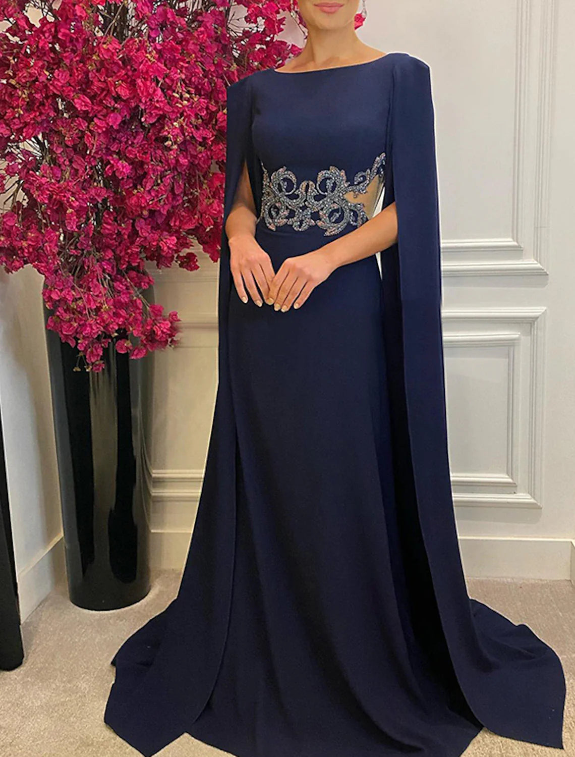 A-Line Evening Gown Elegant Dress Formal Wedding Guest Court Train Sleeveless Jewel Neck Stretch Chiffon with Shawl