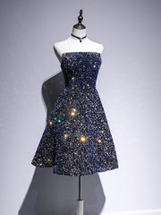 Robe de bal courte en dentelle à paillettes A-Line bleu foncé, robe de retour bleu