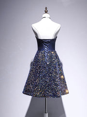 Robe de bal courte en dentelle à paillettes A-Line bleu foncé, robe de retour bleu