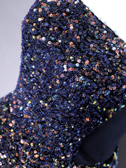 Robe de bal courte en dentelle à paillettes A-Line bleu foncé, robe de retour bleu