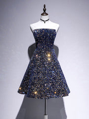Robe de bal courte en dentelle à paillettes A-Line bleu foncé, robe de retour bleu