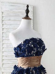 Dark Blue Lace Applique Tulle Long Prom Dress Blue Bridesmaid Dress
