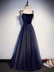 Dark Blue Starry Prom Dresses Spaghetti Strap Long Evening Dress FD1225B