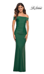 La Femme Ruched Long Off-the-Shoulder Prom Dress