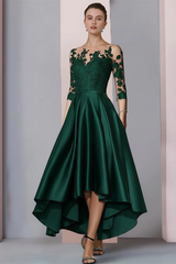 3/4 Sleeves Satin Hi-Lo Mother of-Bride Dress with Appliques