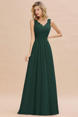 Modest Floral Lace A-line Bridesmaid Dress V-Neck Ruched Chiffon Wedding Guest Dress
