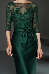 Bateau 3/4 Long Sleeves Satin Mother of the Bride Dresses with Lace