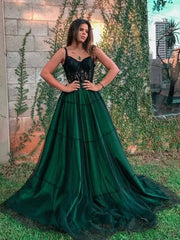 Dark Green Lace Tulle Long Prom Dresses, Dark Green Formal Graduation Evening Dresses with Lace Appliques