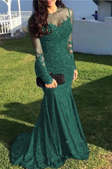 Long Sleeves Sweep/Brush Train Black Prom Dresses With Lace Appliques